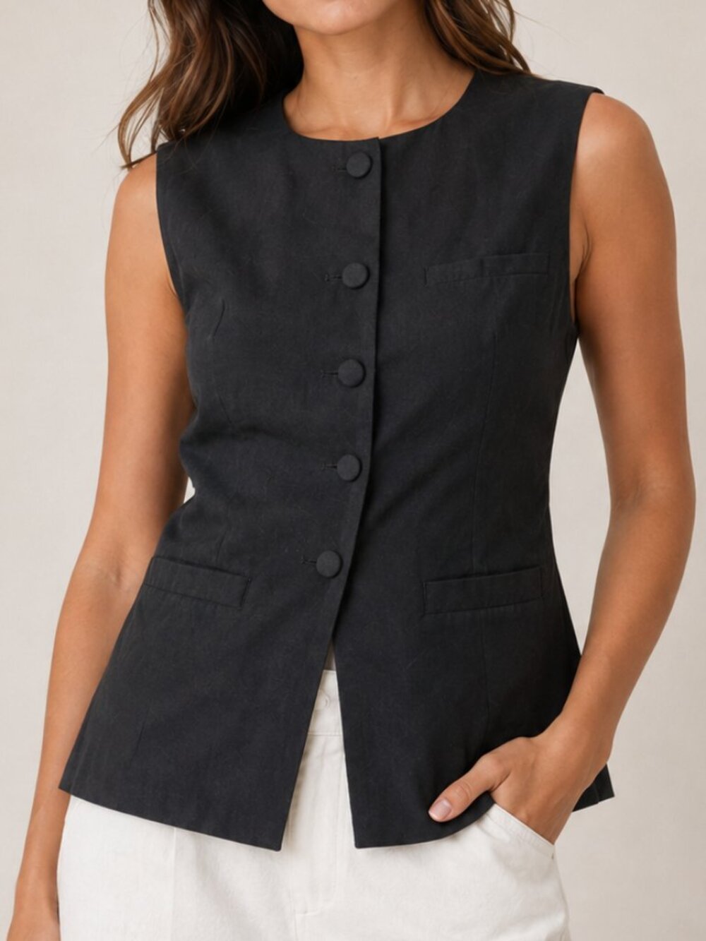 Future Collective Jenee Naylor Black Longline Vest Size 10 Button Front Fitted
